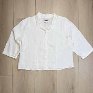 VTG‎ FLAX Linen Button Shirt Women's M White 100% Linen 3/4 Sleeve Relaxed Top